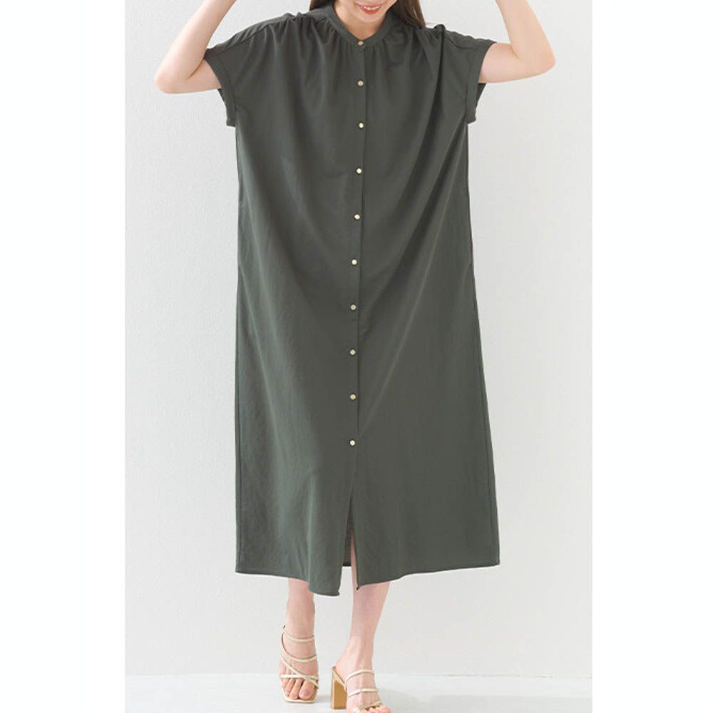 接觸涼感 氣質金釦襯衫式短袖洋裝-濃綠