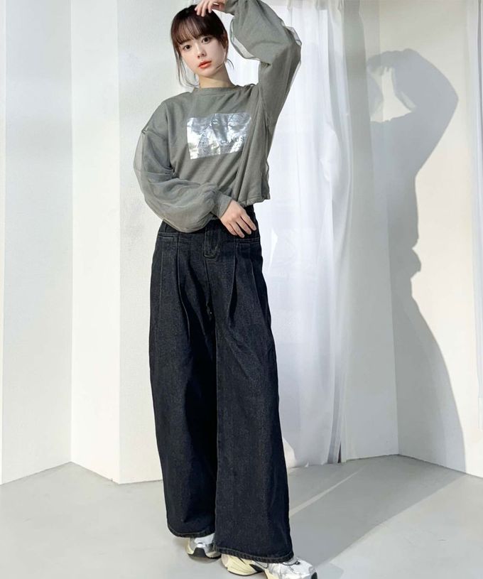 日本 Classical Elf - mily bilet 燙銀印花薄紗分層長袖上衣-時尚黑