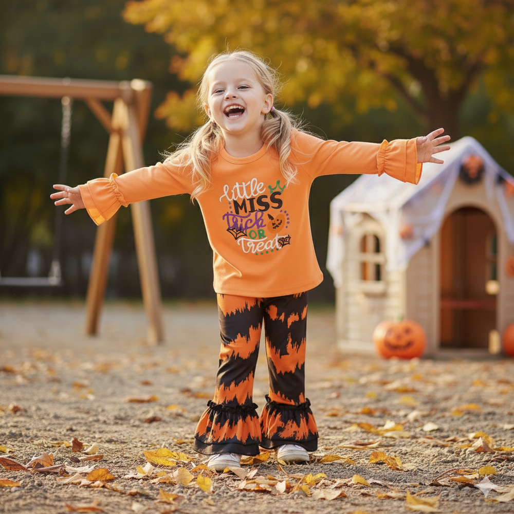 造型女寶長袖套裝-英文字母-橘色-萬聖節裝扮