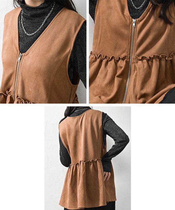 日本 ELENCARE DUE - 麂皮V領層次感傘擺拉鏈背心-炭灰