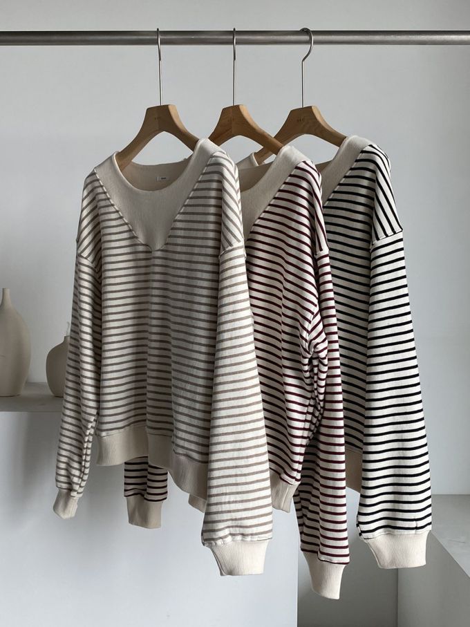 韓國女裝連線 - 假兩件細條紋長袖大學T-米X黑 (FREE)