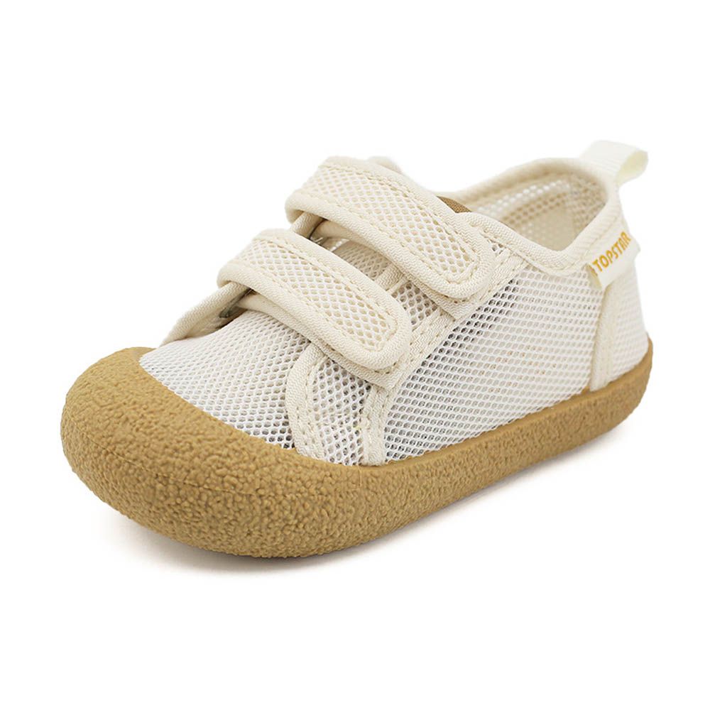 防撞安全止滑透氣網狀休閒鞋/室內鞋-米色黃綠底