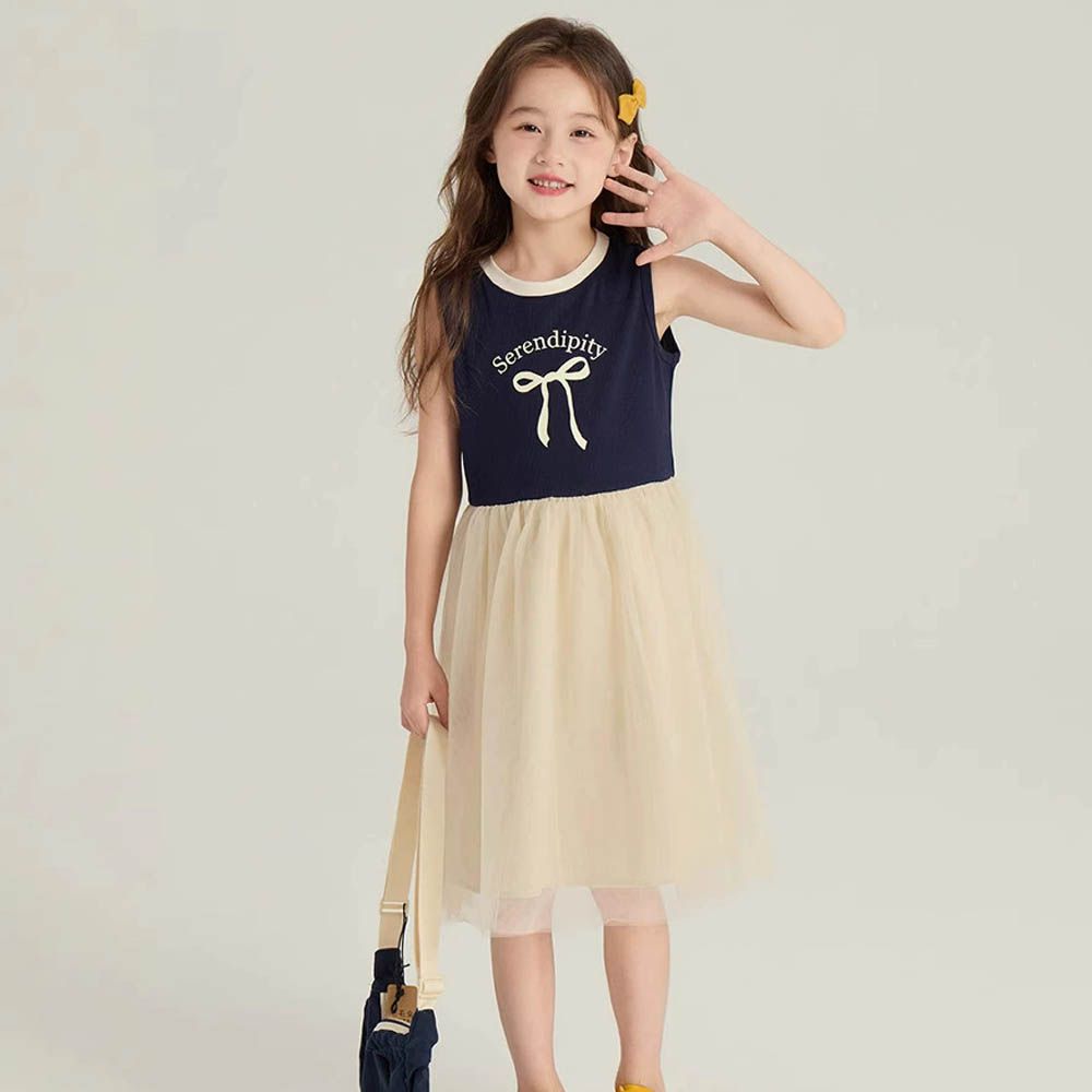 針織蝴蝶結拼接網紗無袖洋裝-藏青x杏