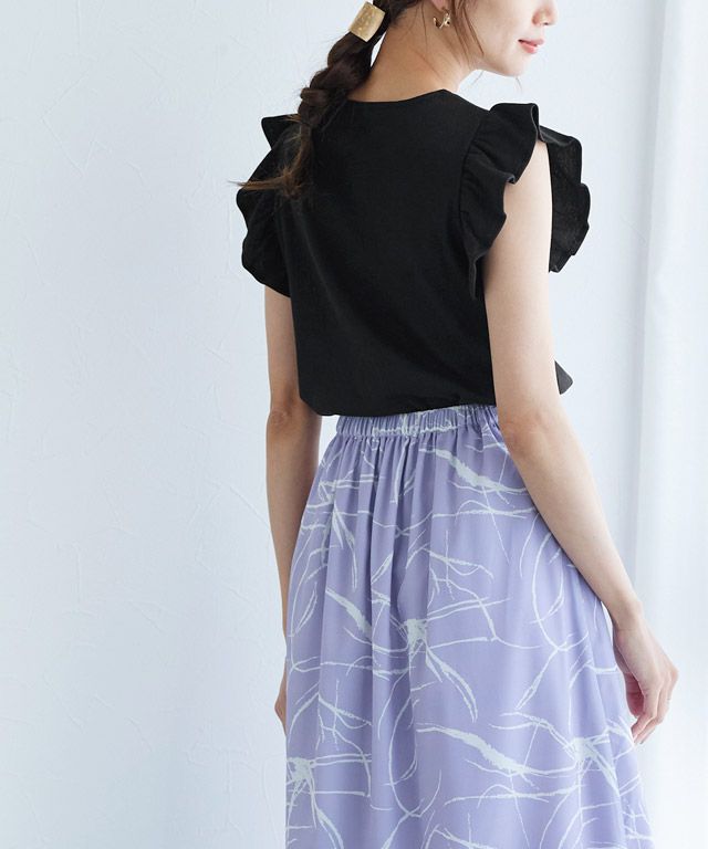 日本 Pierrot - 棉混柔美圓領荷葉袖上衣-珊瑚橘