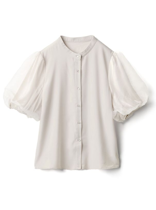 日本 GRL - 微立領薄紗拼接短袖襯衫-煙燻粉 (F)