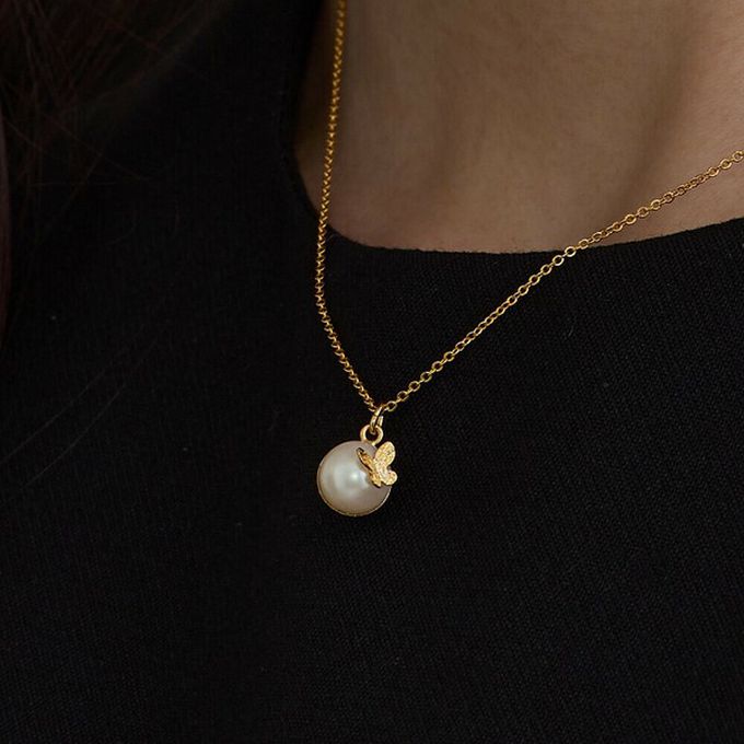 日本 Melody Accessory - 日本製 蝴蝶翩翩唯美單顆珍珠項鏈-金