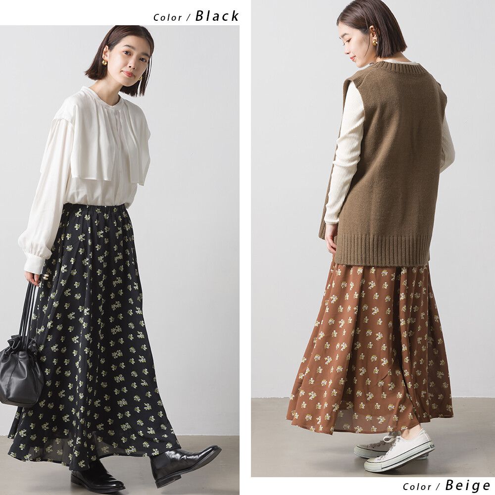 日本 OMNES - 碎花飄逸長裙-黑