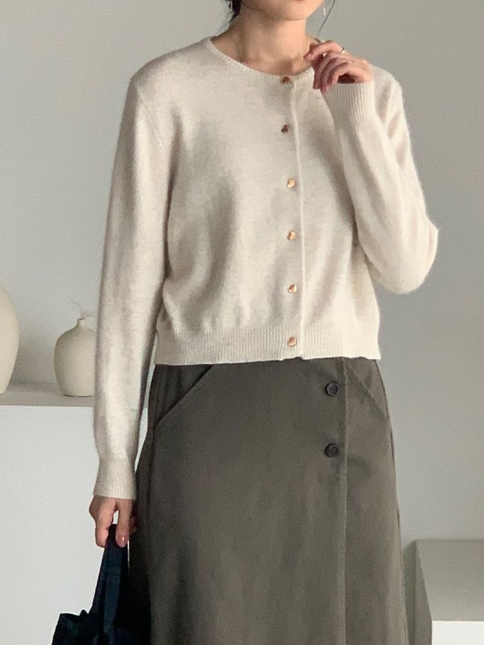 韓國女裝連線 - 愛心金釦混羊毛針織衫/外套-燕麥 (FREE)