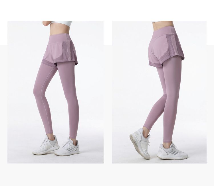 大碼高腰假兩件防走光瑜珈褲-黑色