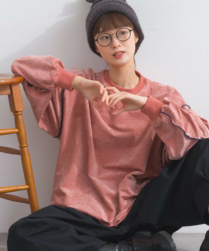 日本 Lupilien - 木耳縫線休閒絨面長袖上衣-炭黑