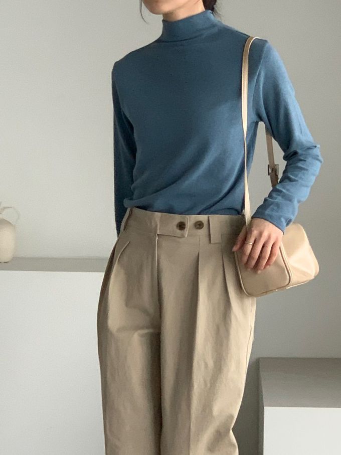 韓國女裝連線 - 百搭中領混羊毛長袖上衣-霧藍 (FREE)