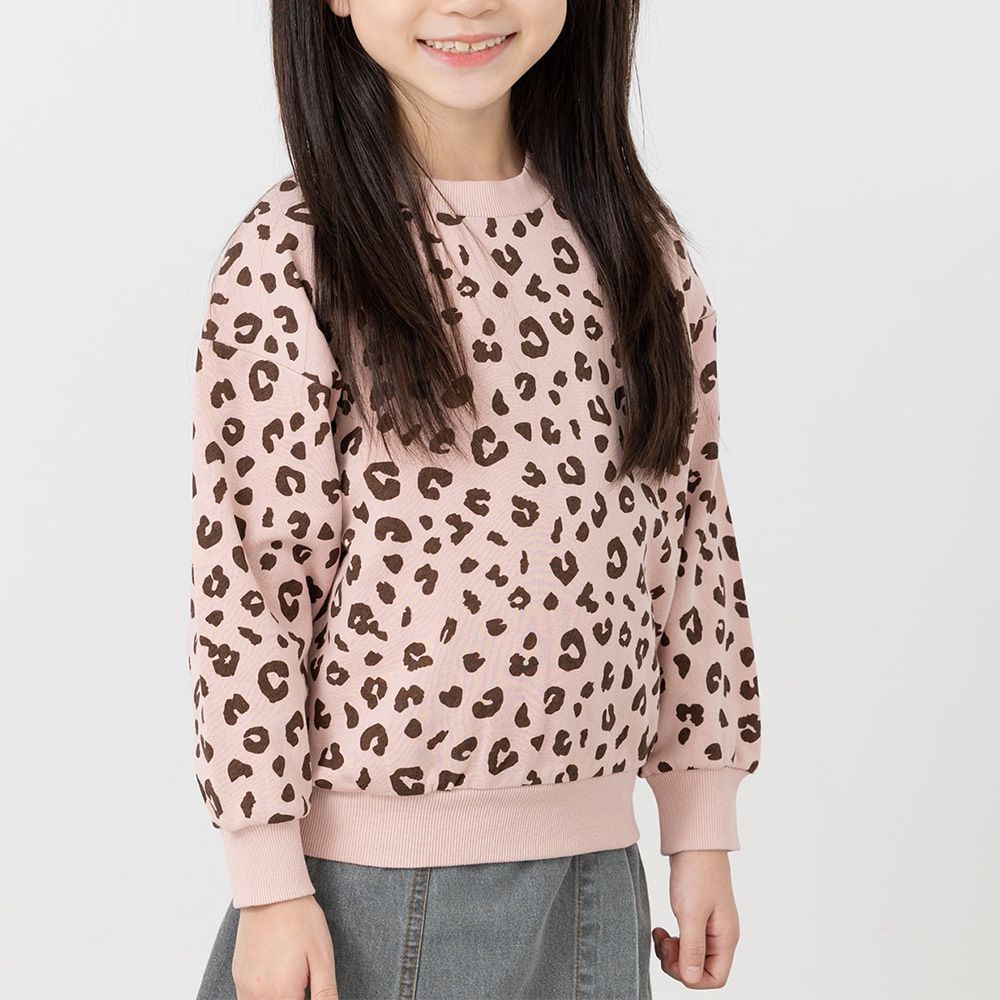 100%棉 北歐風印花裏毛長袖上衣-豹紋-煙燻粉