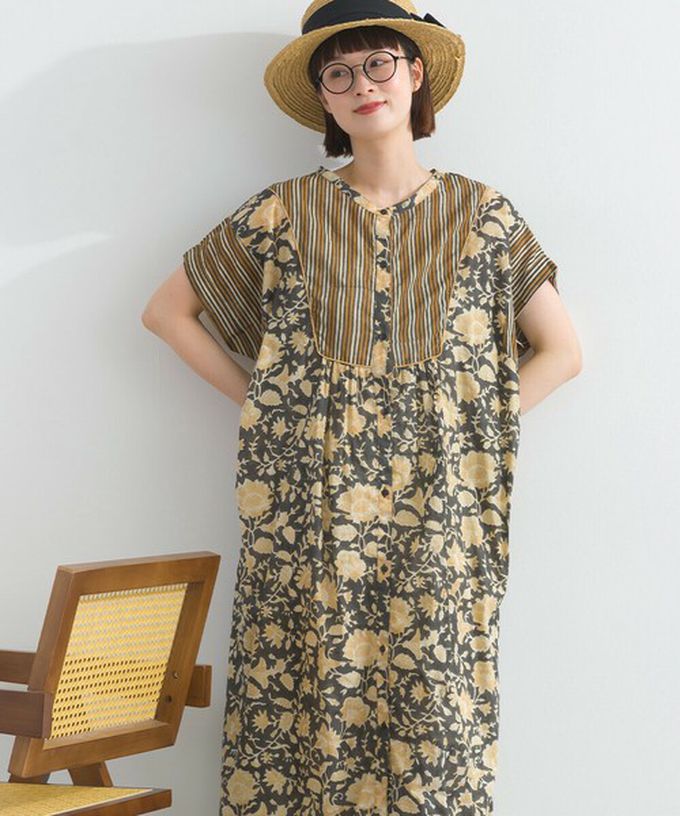日本 Lupilien - 前後2way 自然風花卉印度棉輕盈洋裝-海軍藍