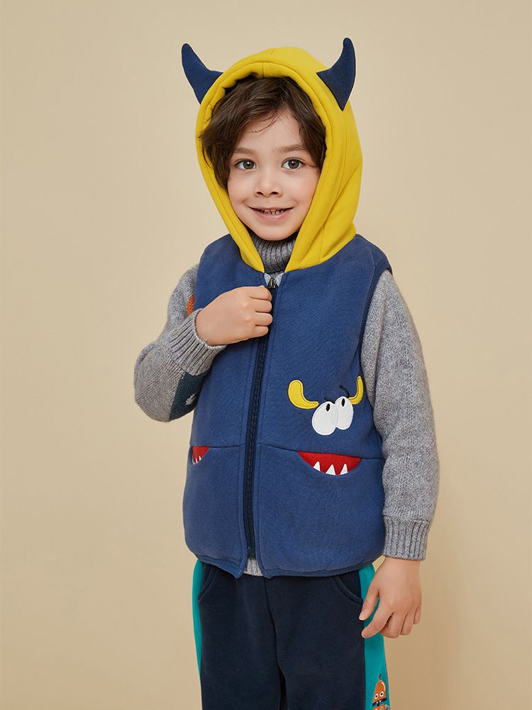 立體造型鋪棉保暖背心-調皮小妖怪-藍+黃