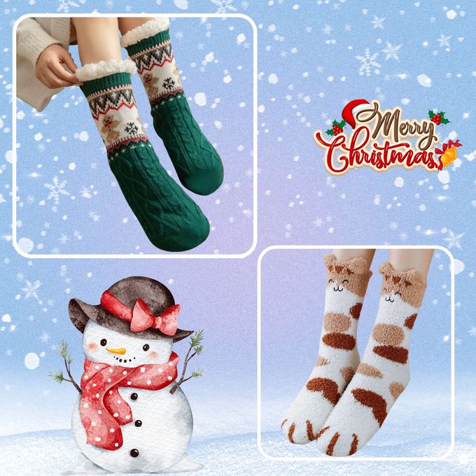聖誕針織毛線綠色薑餅人羔羊絨室內保暖止滑襪