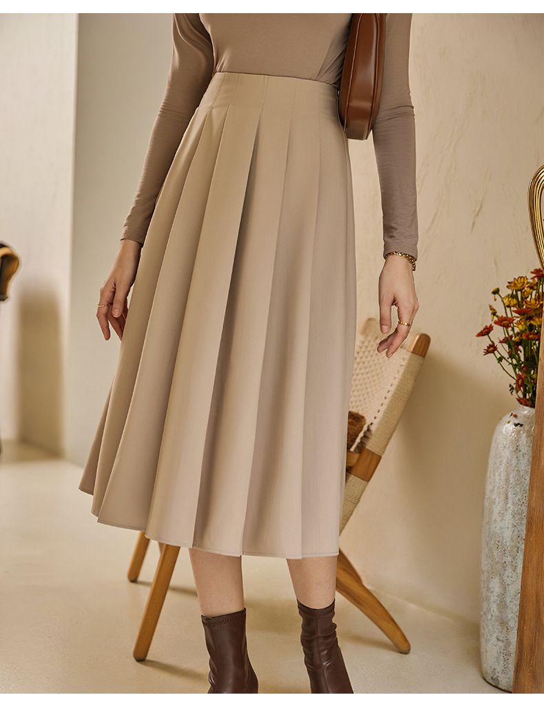 百褶高腰半身裙-杏色