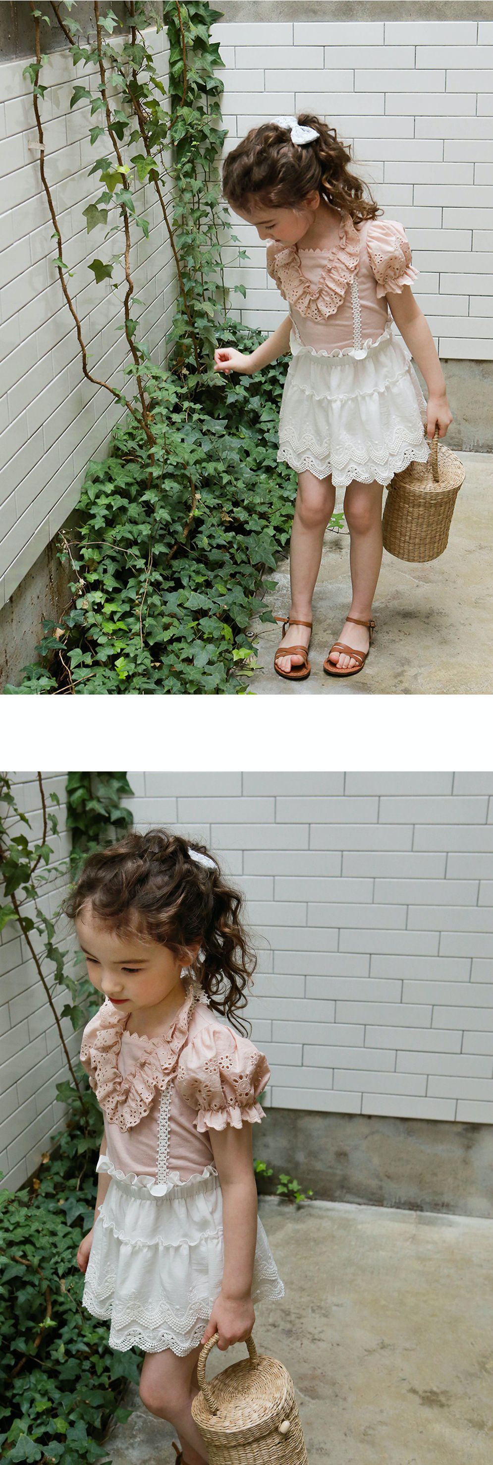 韓國 PuellaFLO - V字荷葉鏤空公主袖上衣-粉紅