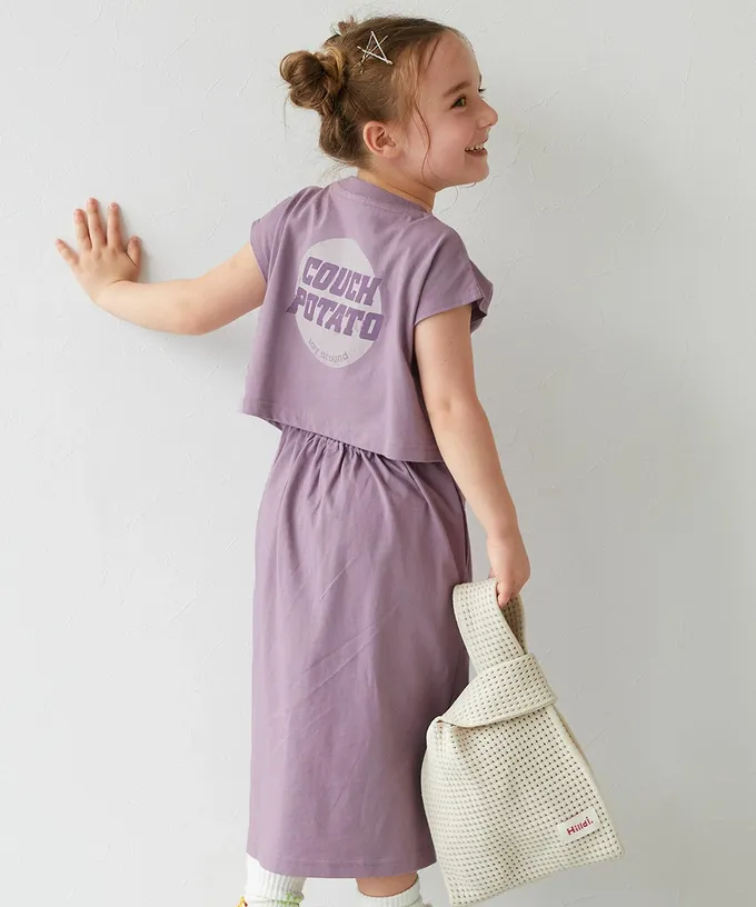 日本 devirock - 背後開口美式印花短袖洋裝-煙燻藍