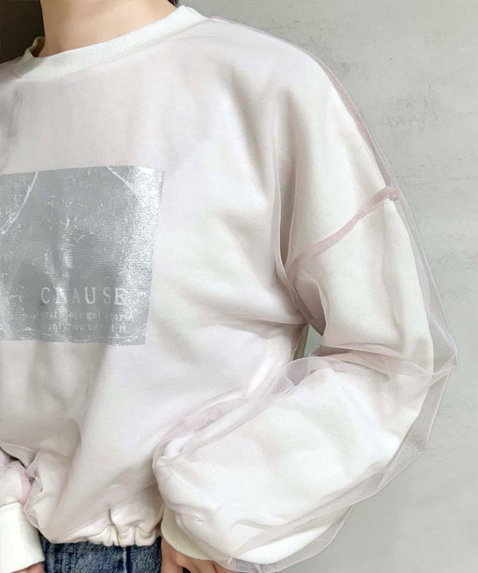 日本 Classical Elf - mily bilet 燙銀印花薄紗分層長袖上衣-時尚黑