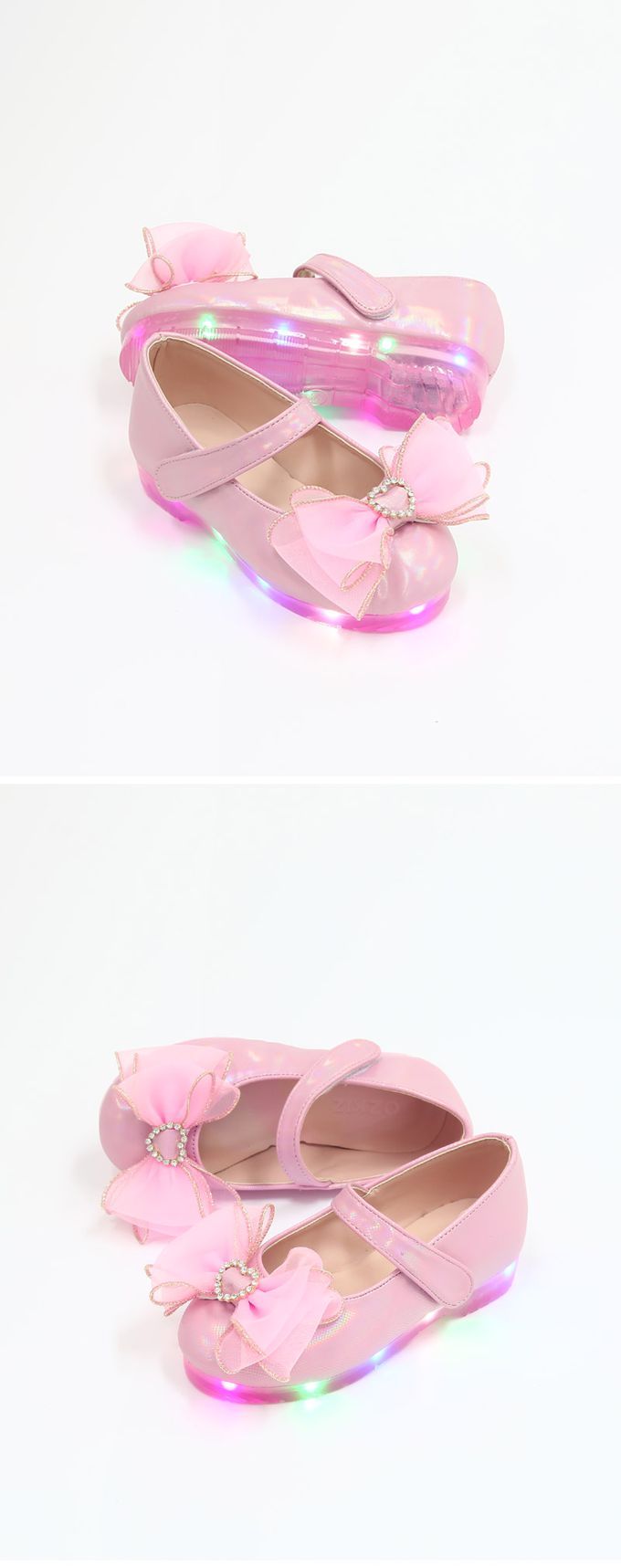 韓國 OZKIZ - (LED)蝴蝶結緞帶炫彩皮鞋-粉