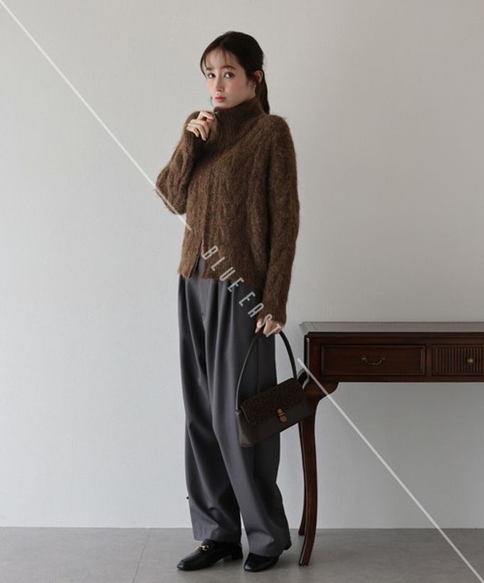 日本 BLUE EAST - 混羊毛麻花紋路立領雙拉鏈針織外套-咖啡