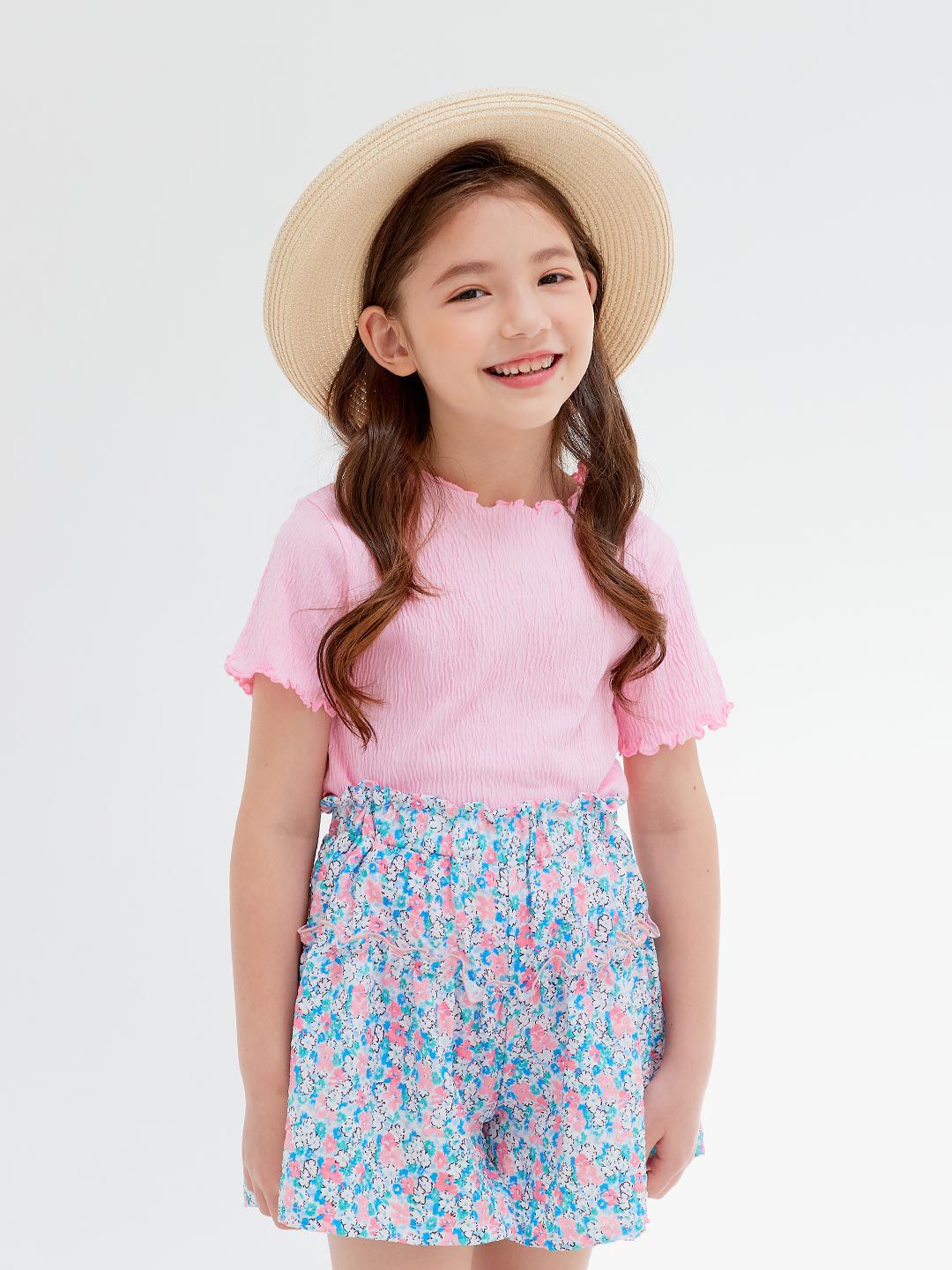 韓國 OZKIZ - 皺褶感上衣碎花褲裙套裝