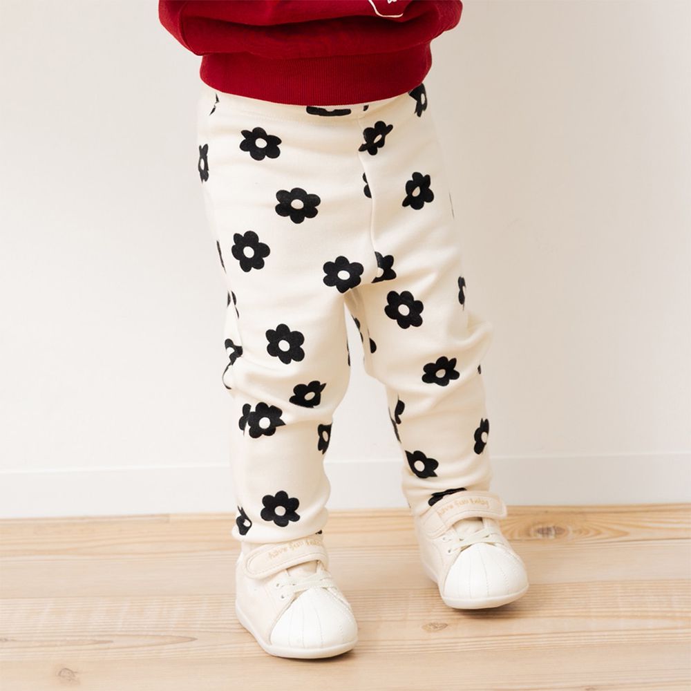 熱銷！刷毛保暖彈力合身長褲-大花-奶油杏