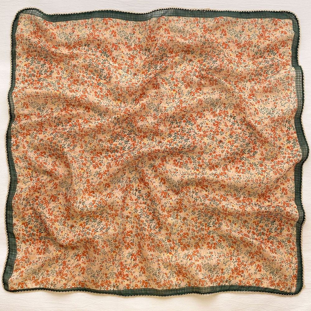 法式棉麻披肩方巾-清新小碎花-橘色 (90x90cm)