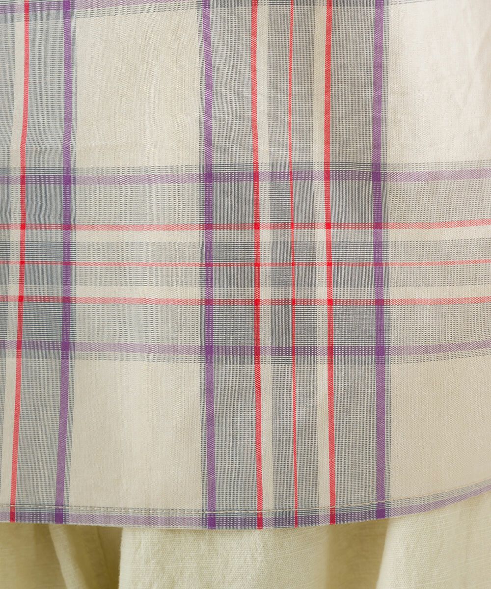 日本女裝代購 - 100%印度棉格紋拼接短袖上衣-深藍