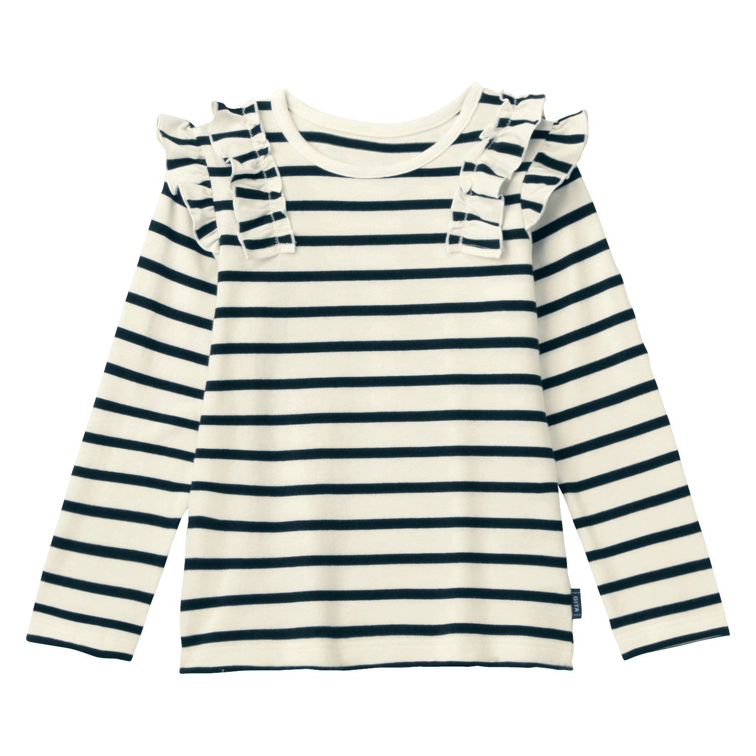 日本千趣會 - GITA 圓領荷葉肩長袖上衣-條紋-黑白