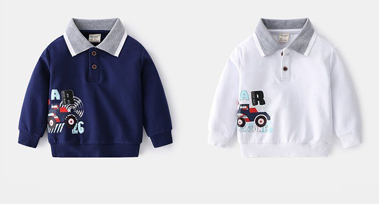 WELLKIDS - 時尚翻領假兩件長袖上衣/大學T-汽車-深藍+灰