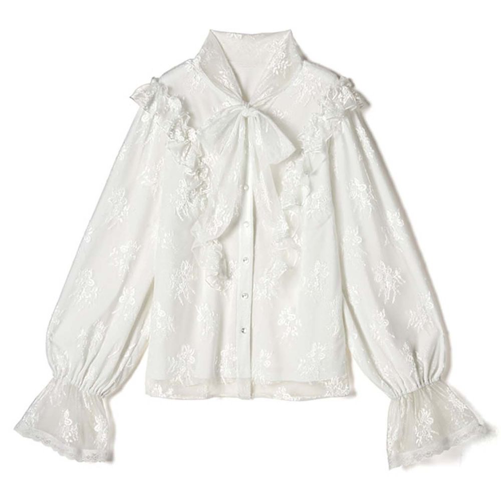 日本 GRL - 華麗刺繡綁帶長袖襯衫-天使白 (M)
