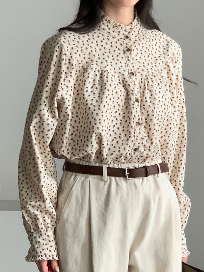 韓國女裝連線 - 滿版小花朵燈芯絨長袖襯衫-米 (FREE)