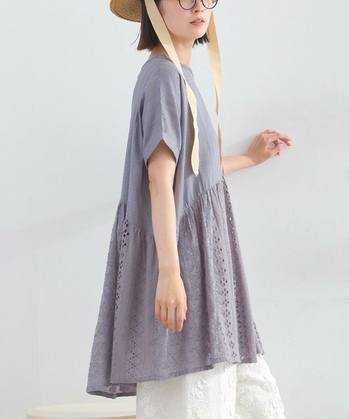 日本 Lupilien - 100%印度棉 柔美緹花長版短袖上衣-白