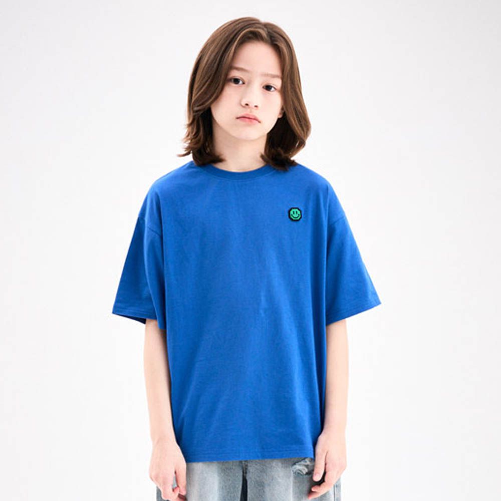 小笑臉裝飾寬鬆純棉短袖上衣-藍