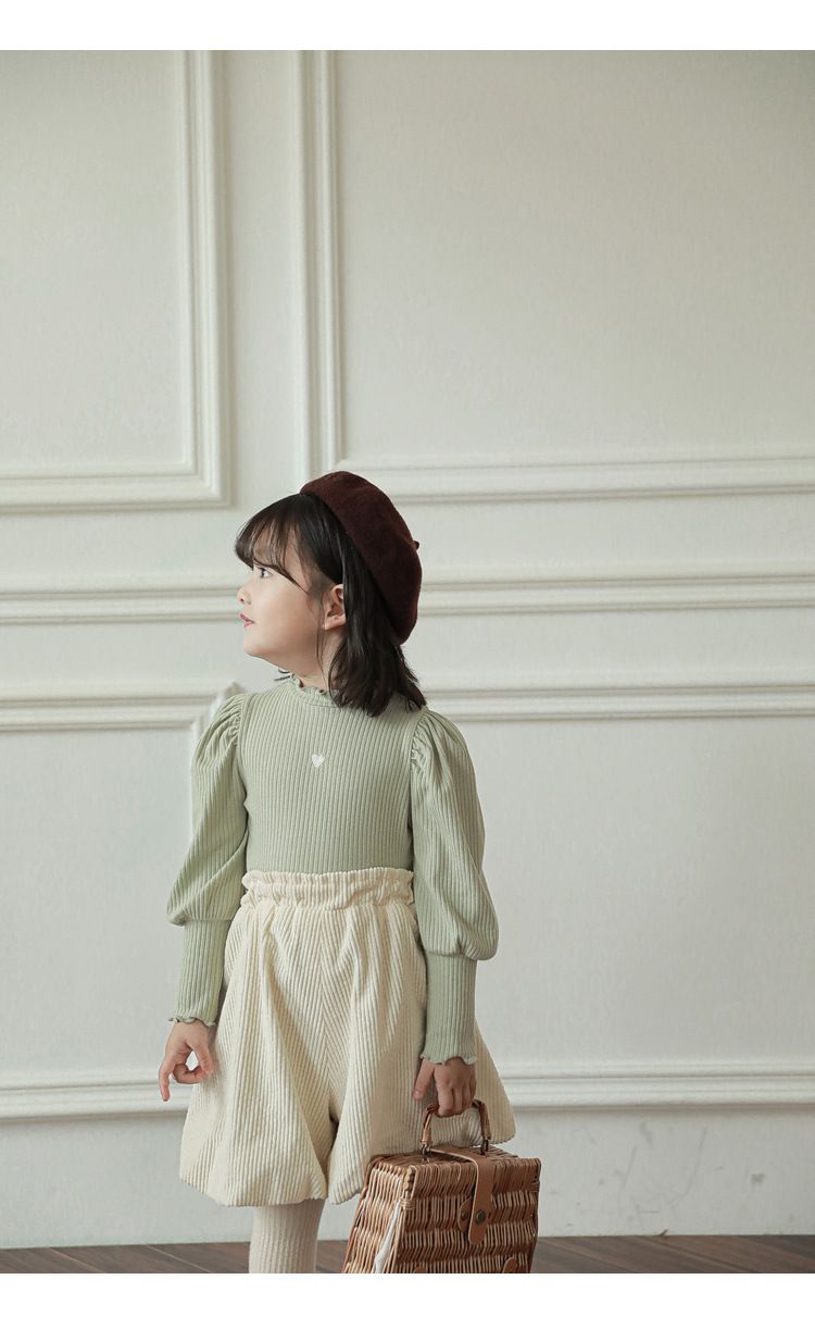 木耳領泡泡袖長袖上衣-小愛心-綠色