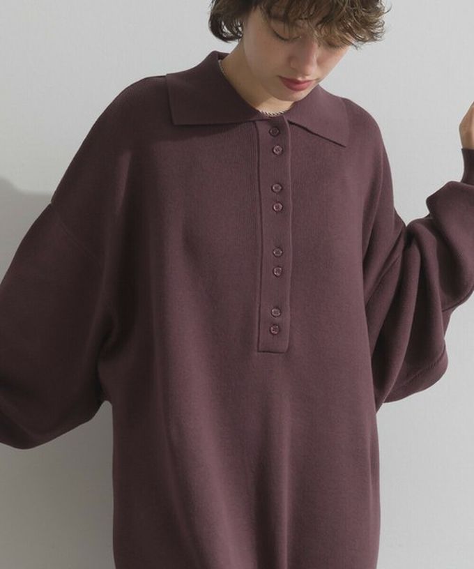 日本 Lupilien - 氣質排扣polo衫針織長袖洋裝-海軍藍