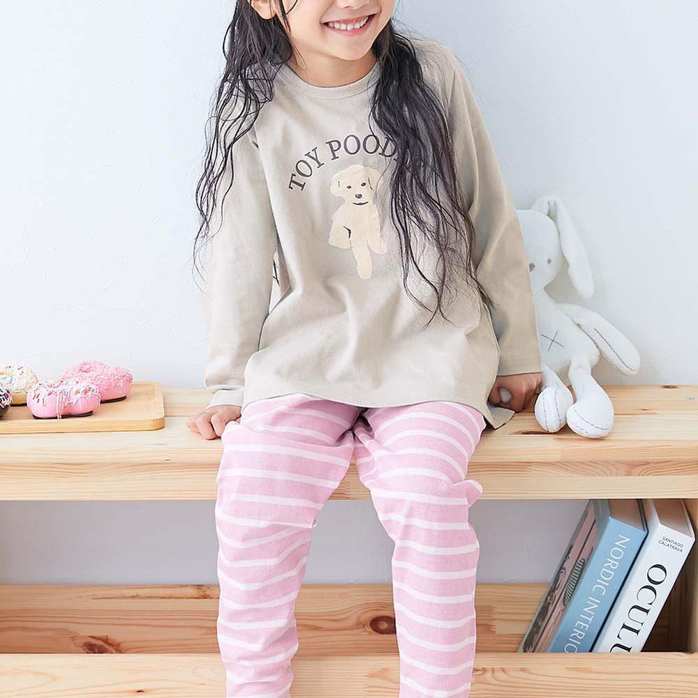 100%棉 高腰長袖家居服套裝-小狗條紋-灰x粉紅