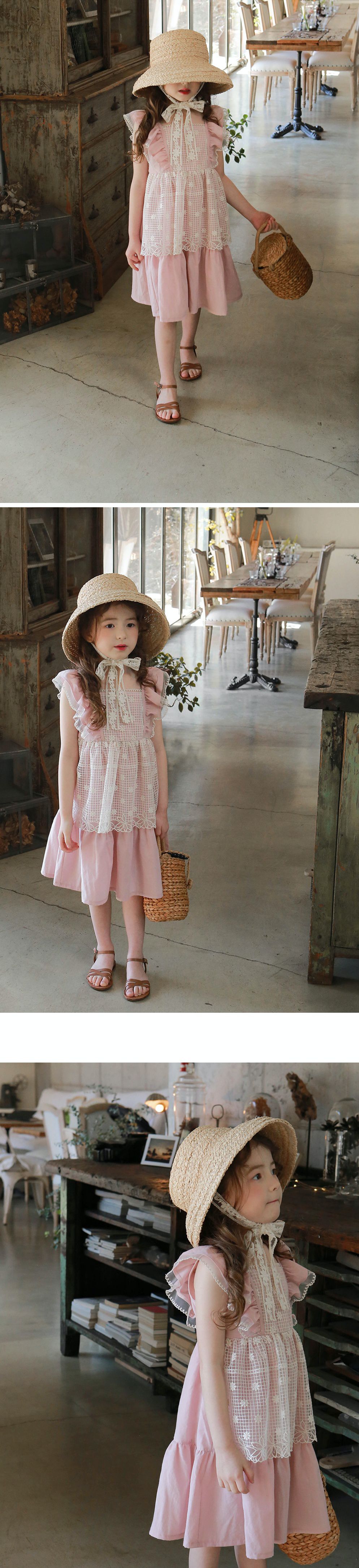 韓國 PuellaFLO - 假兩件格子花朵圍裙洋裝-粉紅