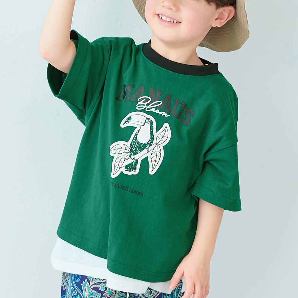 純棉動物線條印花短袖上衣-大嘴鳥-濃綠