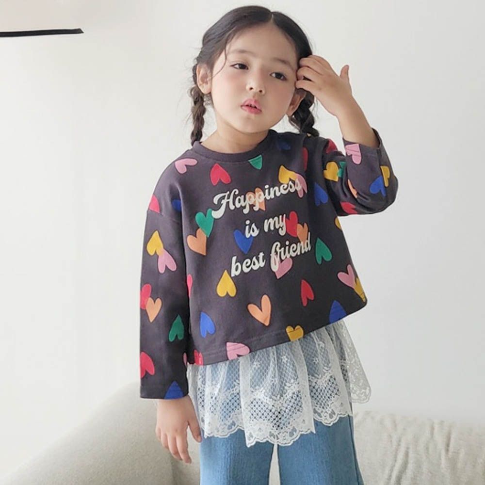 Peanuts House 繽紛愛心純棉長袖上衣-黑灰