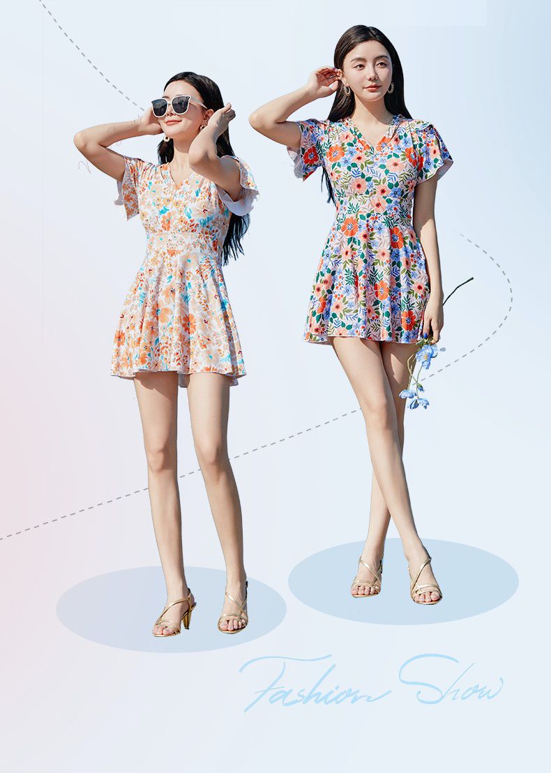 甜美碎花修身顯瘦遮肉連身裙泳衣-滿版花花-深藍+橘