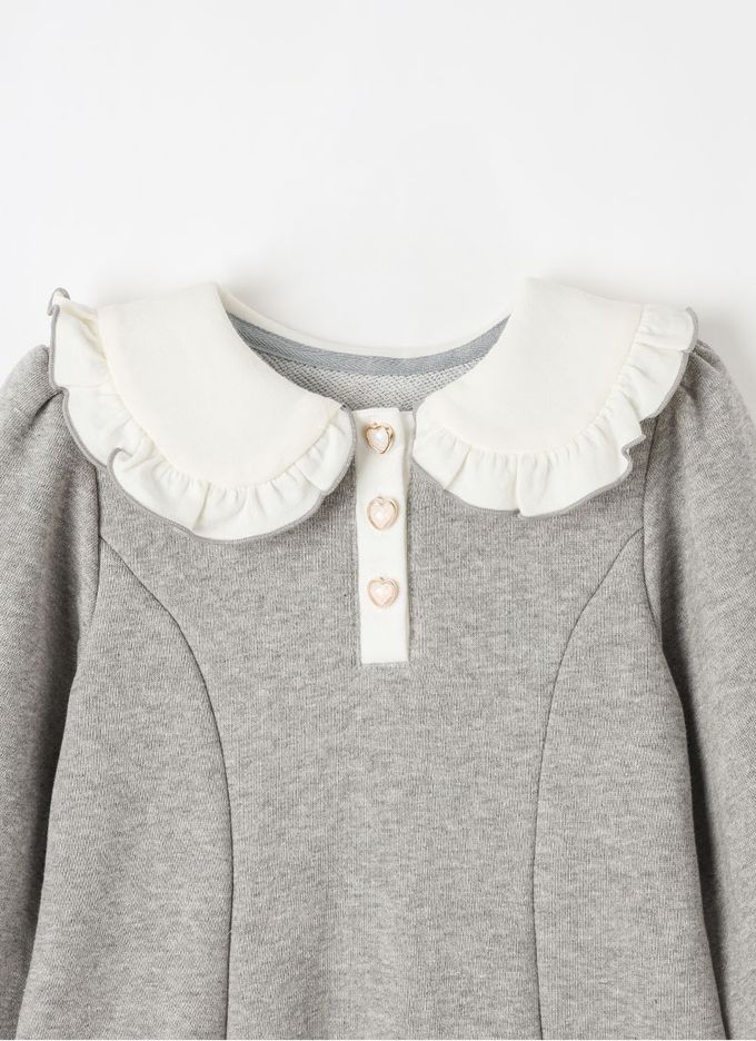 韓國 OZKIZ - 愛心鈕扣荷葉領A字裙洋裝-灰