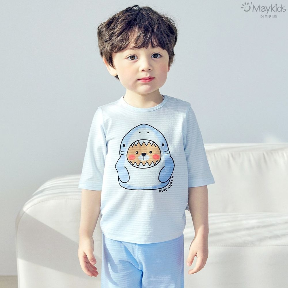 透氣條紋提花棉七分袖家居服-鯊魚熊熊-天藍