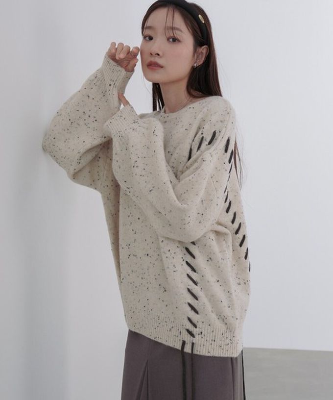 日本 Bab - 可可碎片感率性縫線針織上衣-灰白