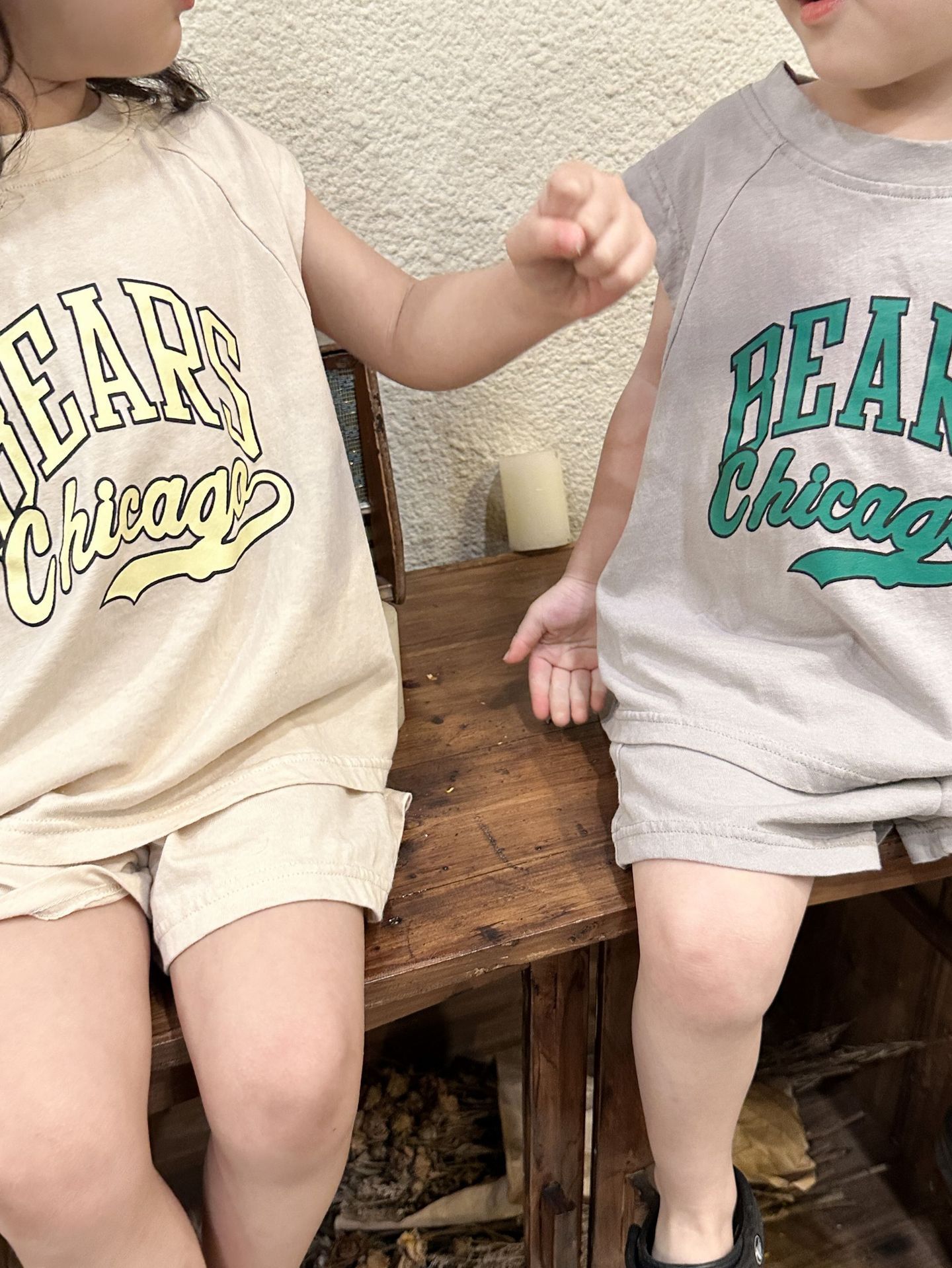 純棉圓領休閒無袖套裝-草寫英文字-灰色