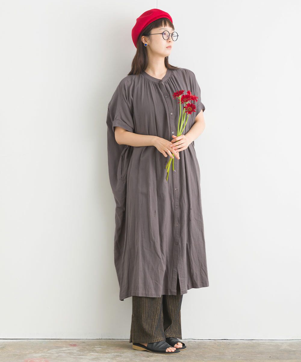 日本女裝代購 - 100%印度棉 文藝感排扣五分袖洋裝-米白