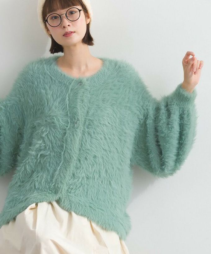 日本 Lupilien - 柔和蓬鬆毛海繭型針織開襟衫/外套-薄荷綠