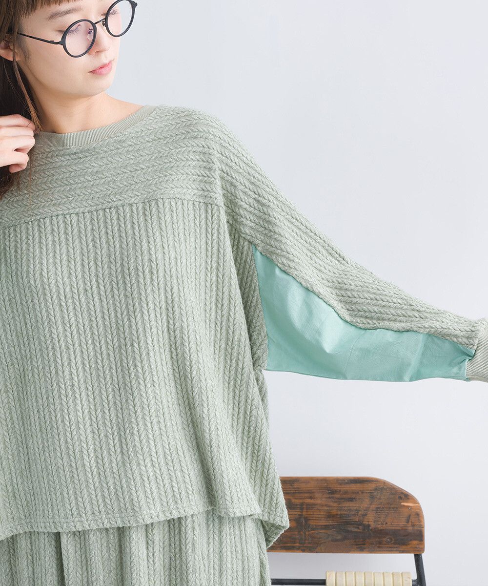 日本女裝代購 - 拼接撞色寬袖麻花針織上衣-灰