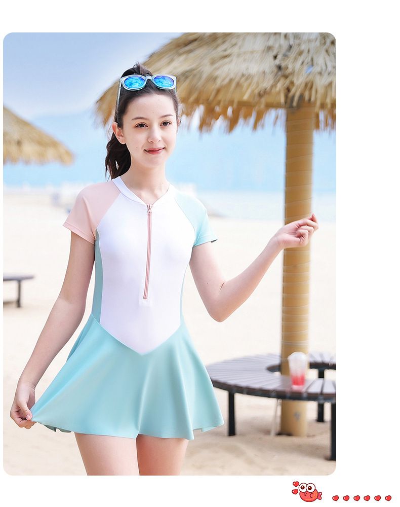 大童女孩運動風短袖連身裙泳衣-拼色款-粉+白+藍